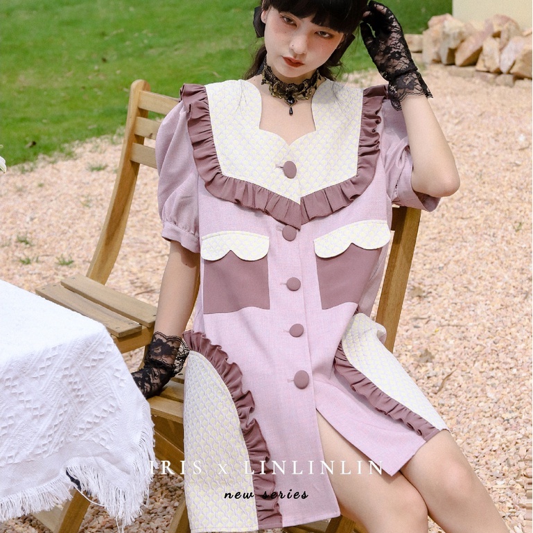 IRIS BOUTIQUE泰國原創設計 ID22L0175 復古系列 淺粉色拼接女士短袖洋裝夏天新品