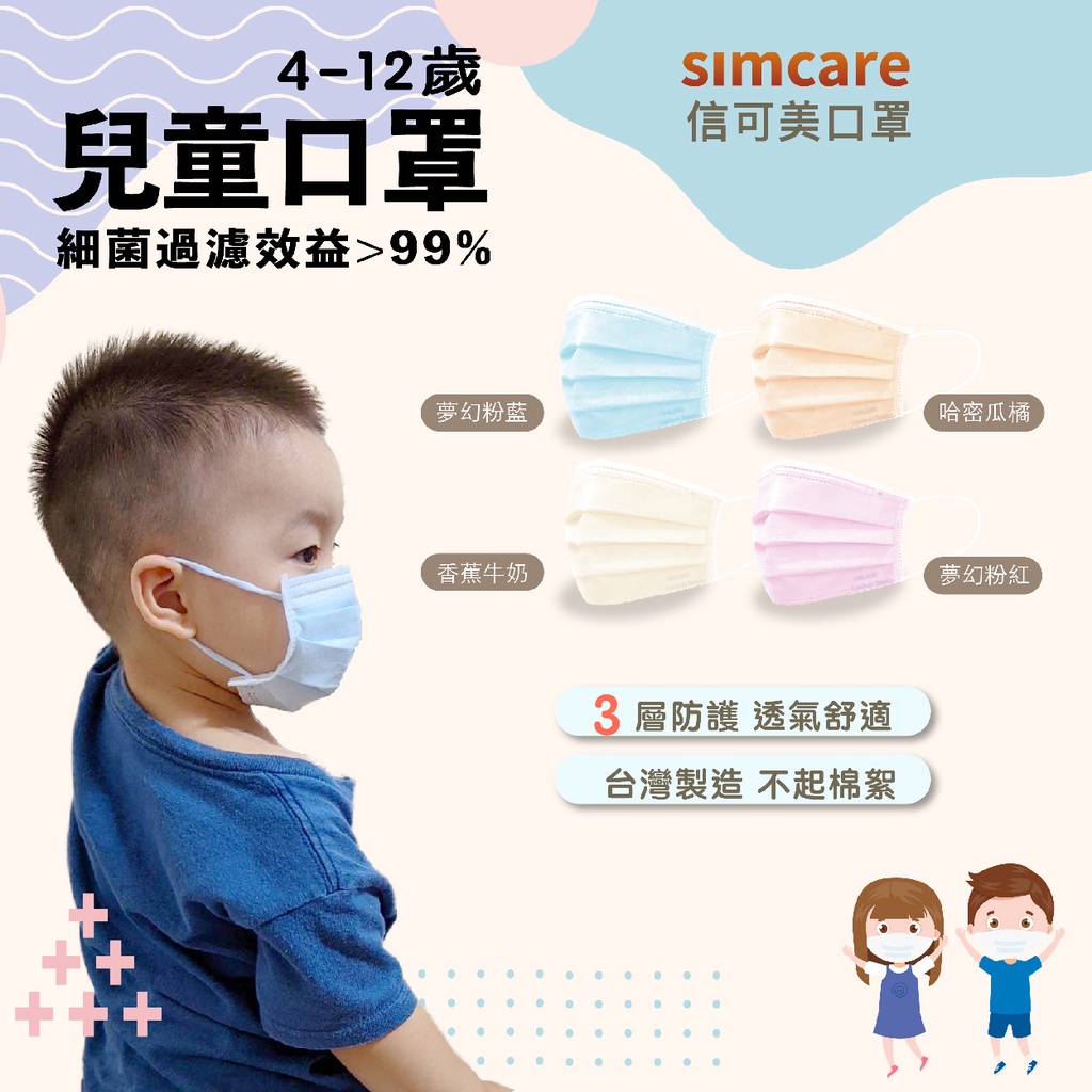 【SIMCARE 信可美】🔥現貨供應🔥兒童口罩🔥非醫療口罩 MIT鋼印 防塵 透氣 口罩 一次性 3層 一盒 5
