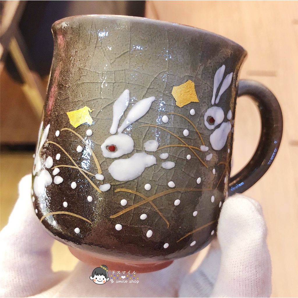 ~熱銷~新款現貨日本製九谷燒精緻手繪金箔奔跑兔子冰裂釉陶瓷馬克杯K6-825