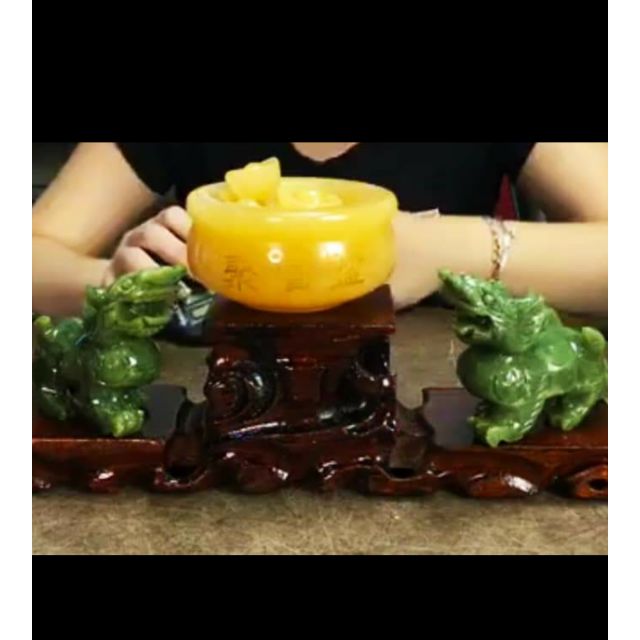 天然河南，(青玉貔貅+中型黃玉聚寶盆，擺件組)～出清優惠價$1650