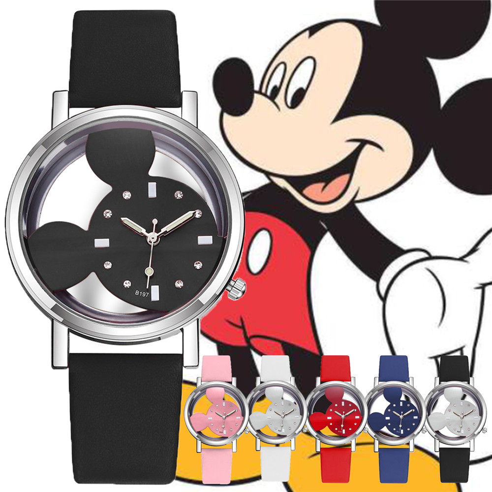 時尚水鑽米老鼠女士手錶女學生皮革錶帶手錶