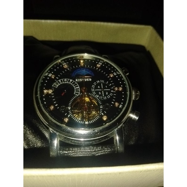 賣錶帶送錶體二手KINYUED月相自動上鍊透背機械錶缺星期指針錶框有摩擦損傷隨便賣99元