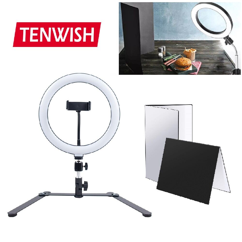 Tenwish 26cm 環形燈套裝帶腳架便攜式折疊攝影反光板二合一背景紙板用於工作室桌面攝影補光拍照