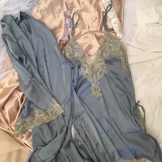 法式性感 吊帶浴袍 睡袍 絲綢 三件套睡衣