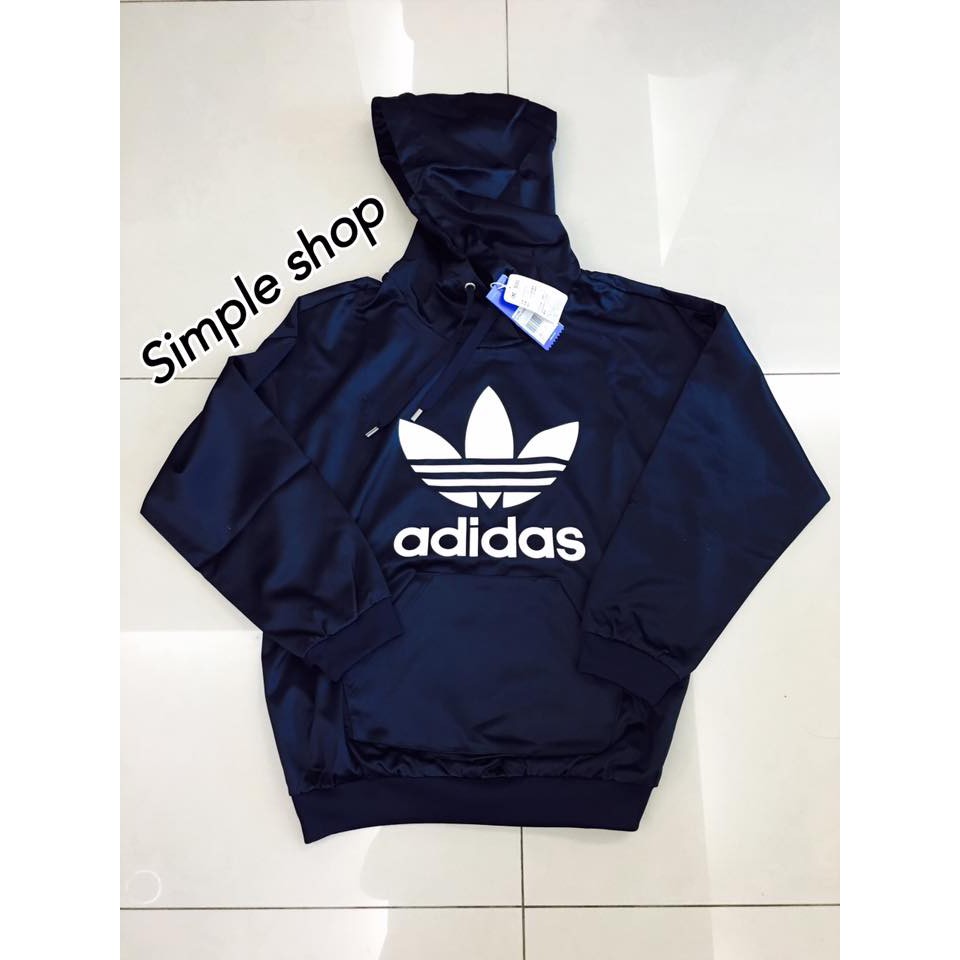 【Simple】adidas Originals 愛迪達 三葉草 深藍 緞面 帽T 連帽長袖 范冰冰 女款 BP9406