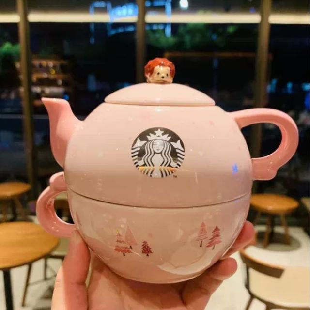 （現貨）限量星巴克2019年聖誕節粉色森林小刺猬造型陶瓷茶壺馬克杯套装杯#A15