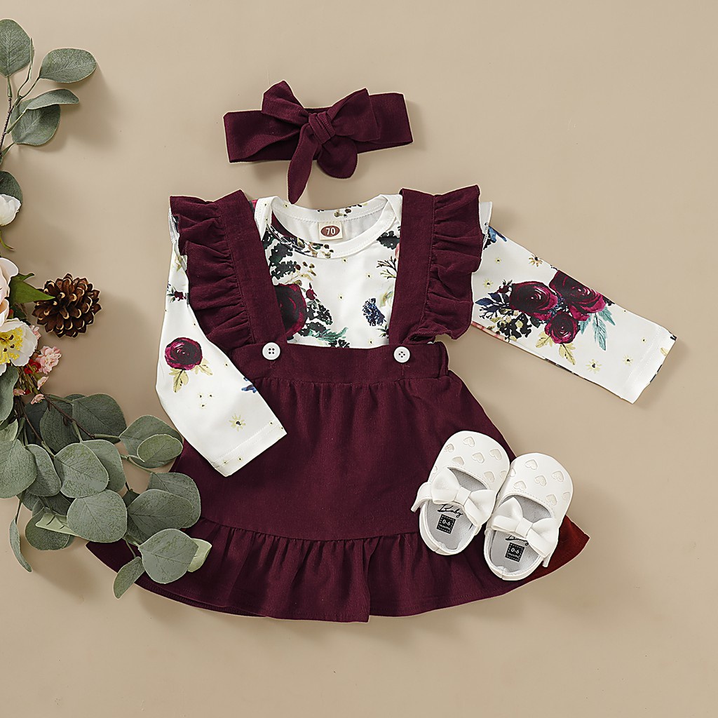女童長袖三件組套裝 印花哈衣 包屁衣 天鵝絨背帶裙 蝴蝶結髮帶 0-3歲初生兒 彌月小洋裝