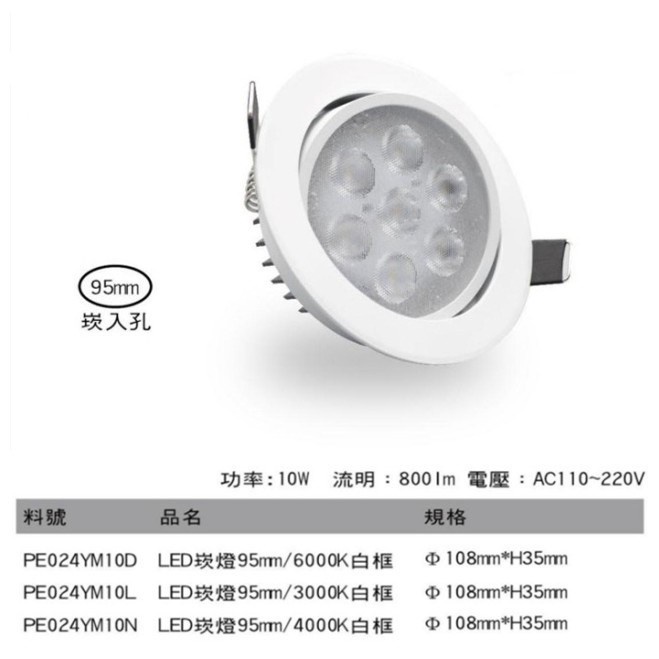 LED崁燈 天花燈 7珠10W 800lm 崁孔9.5cm 可調角度 白光/自然光/黃光 特優陶瓷散熱