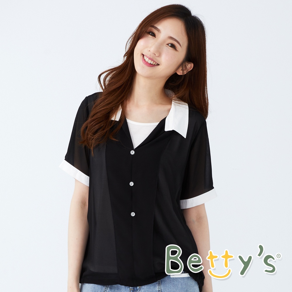 betty’s貝蒂思(11)襯衫領假兩件雪紡上衣(黑色)