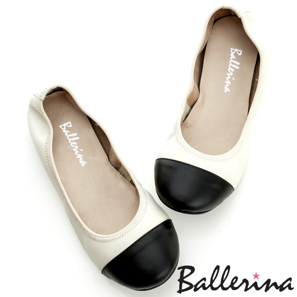 Ballerina-全真皮雙色拼接娃娃鞋-米【BD400020WE】