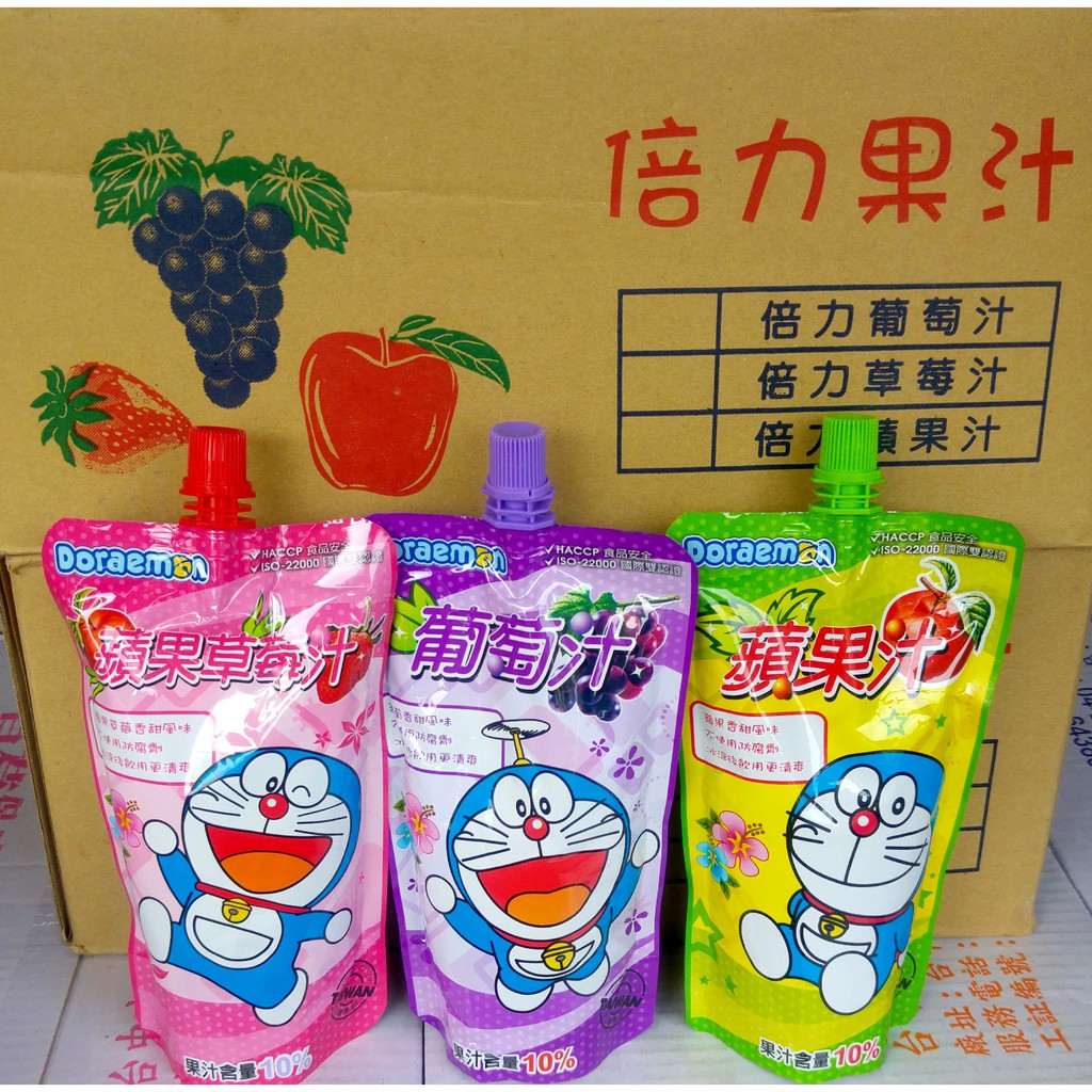哆啦A夢 倍力果汁 (葡萄、草莓、蘋果)共3種口味，可混裝(20袋裝1訂單限1箱)