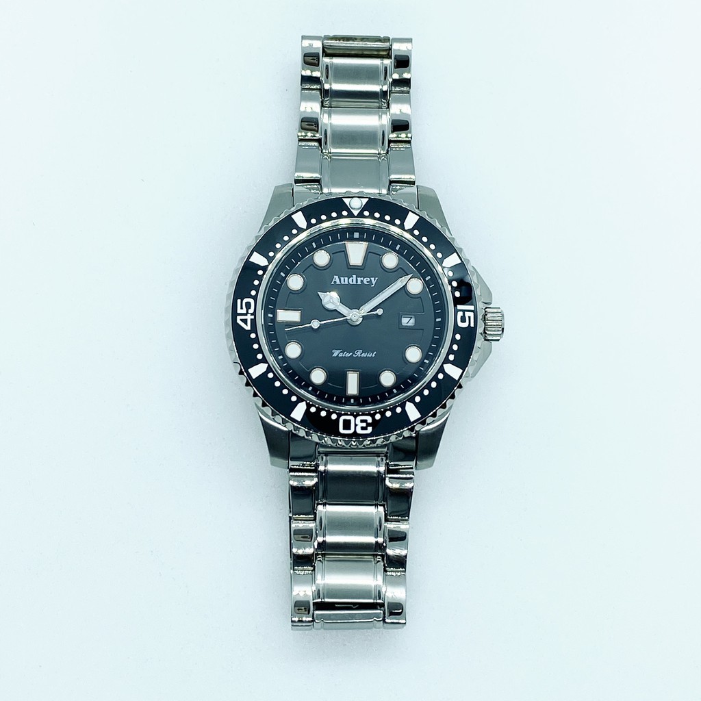 Audrey 歐德利 全新水鬼造型藍寶石水晶鏡面不鏽鋼材質防水運動腕錶（黑面）45mm_AUM5666黑