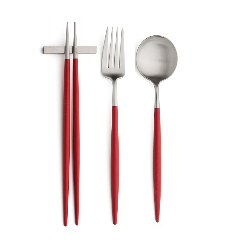 葡萄牙Cutipol GOA系列 紅柄霧面不銹鋼-主餐新3件組(主餐叉匙+筷組)
