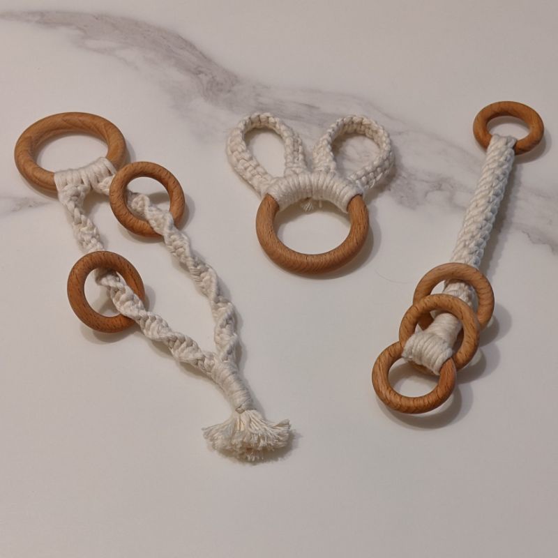 天然櫸木純棉編織嬰幼兒固齒器吊飾 Macrame Baby Teether｜蒙特梭利｜寶寶玩具｜彌月禮｜寵物玩具