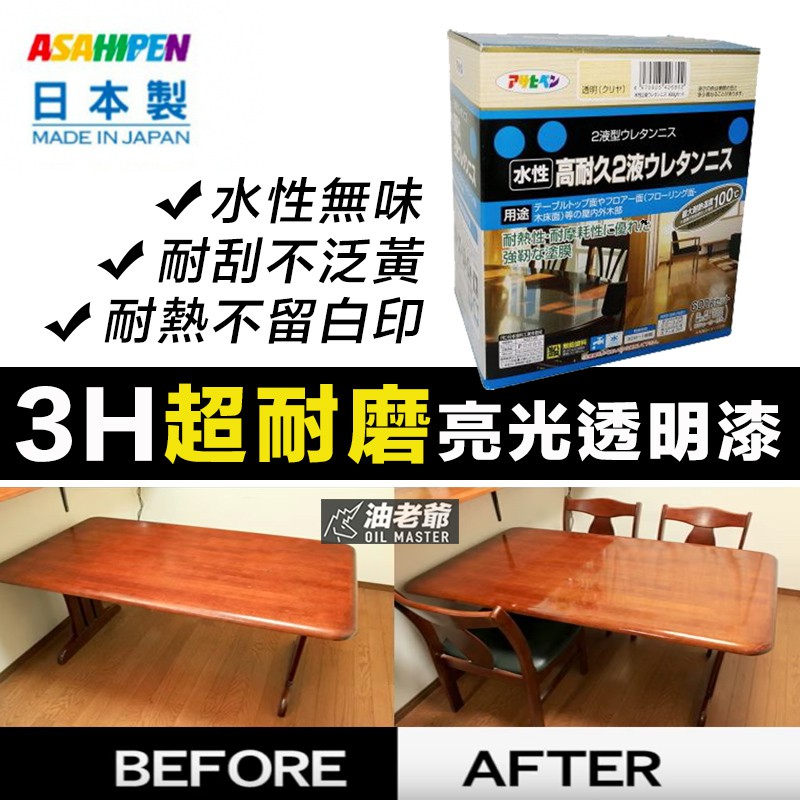 日本3H超耐磨亮光透明漆 保護漆 水性無味 耐磨耐刮 耐熱100度C不泛黃 桌面 地板 木製品 油老爺快速出貨