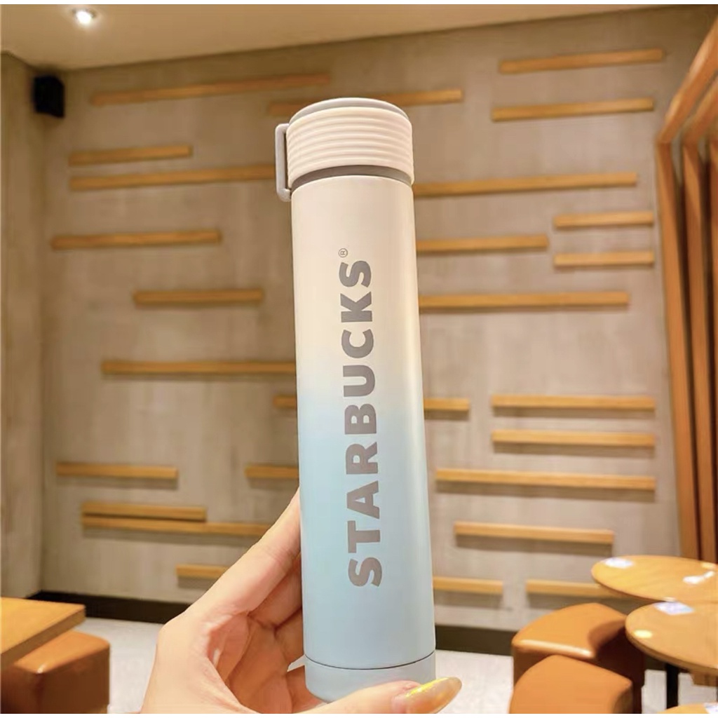 Starbucks官方正品！星巴克藍白漸變款矽膠拎帶保溫杯牛奶果汁珍珠奶茶奶昔茶水杯咖啡杯240ml