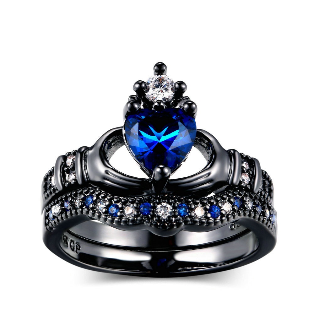 【現貨批發】韓國戒指 雙層套戒 情侶對戒指環❤女式戒指 藍寶石心形戒指 藍鑽戒 皇冠戒指❤時尚戒指 黑金戒子 黑色對戒
