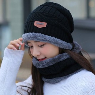 韓版秋冬套頭帽貼布加绒保暖針織毛線帽&圍脖2件套組72354