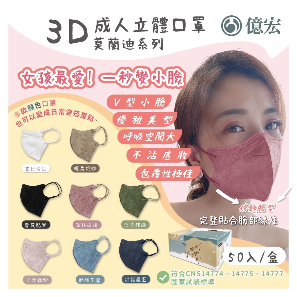 【熊安心藥局】億宏3D成人醫用口罩 (50入) 小臉神器💯配色耳繩💯透氣好呼吸