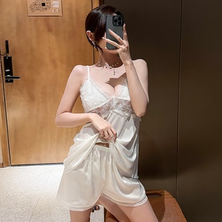 臺灣公司❤️開發票 清涼透氣 夏季冰絲低胸細肩帶短褲 帶胸墊睡衣兩件套 居家服 性感睡衣 家居服套裝 緞面雪紡 女生睡衣