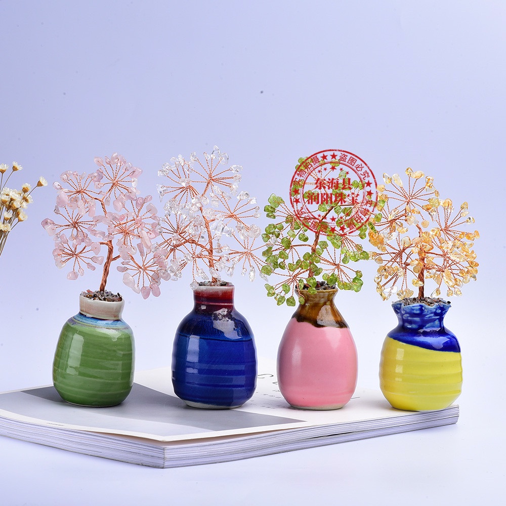 天然多彩水晶碎石树陶瓷花瓶长生花家居办公桌面摆件精美礼品批发 蝦皮購物