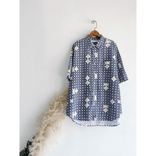 灰藍碎點鵝黃花紋 古著棉絲質夏威夷襯衫上衣vintage Aloha Shirt