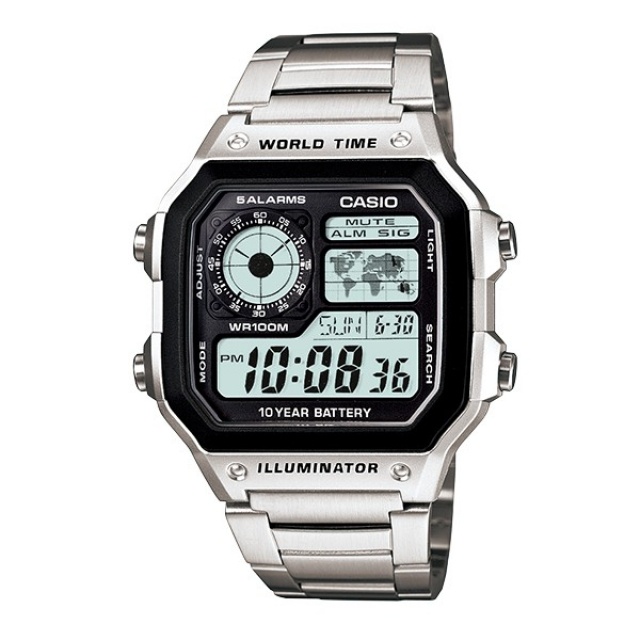 【CASIO】卡西歐 世界地圖電子錶 10年電力 不鏽鋼錶帶  AE-1200WHD-1A 銀 防水100米