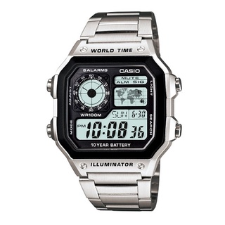 【CASIO】卡西歐 世界地圖電子錶 10年電力 不鏽鋼錶帶 AE-1200WHD-1A 銀 防水100米