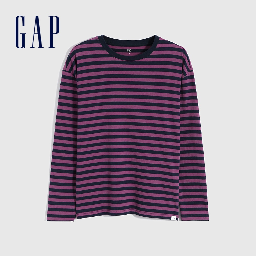 Gap 男童裝 純棉條紋長袖T恤 厚磅密織碳素軟磨系列-紫色條紋(754574)