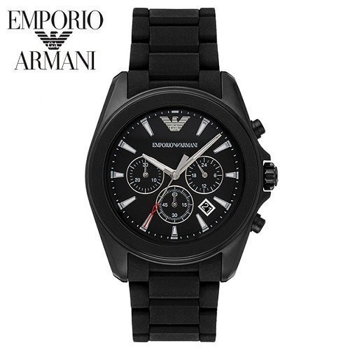 【第一鐘錶】EMPORIO ARMANI AR6092《亞曼尼 義大利時尚》44mm/橡膠包覆精鋼三眼計時款/IP黑