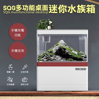 【隔日到貨免運費！虹吸供氧 種養一體】多功能 支架 迷你水族箱 小魚缸 USB 水泵 4檔燈光 造景 虹吸 手機支架
