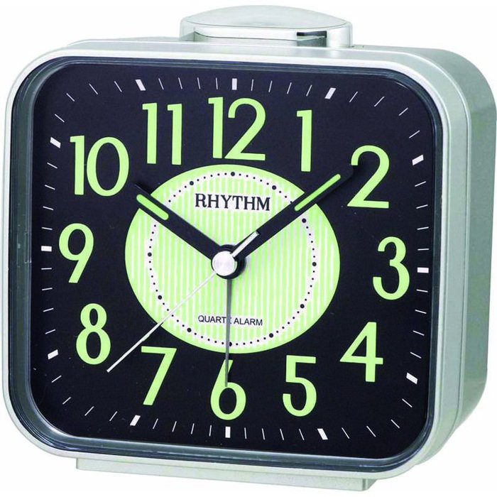 【神梭鐘錶】RHYTHM ALARM CLOCK 型號：CRA629NR19 麗聲銀灰黑面阿拉伯字清晰夜光鈴鐺聲方形鬧鐘