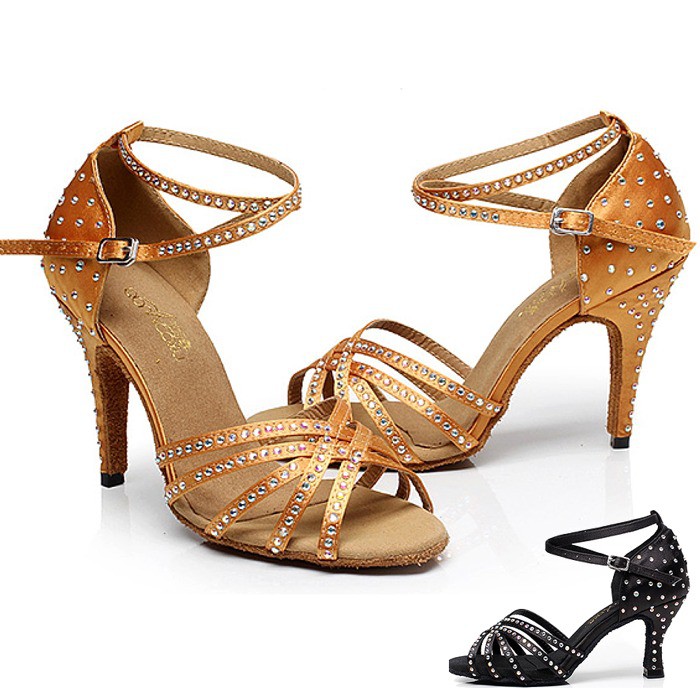 5Cgo 鑲鑽緞面拉丁舞鞋女成人中高跟交誼廣場舞蹈跳舞涼鞋高跟鞋軟底運動鞋室內毛底鞋45026663909