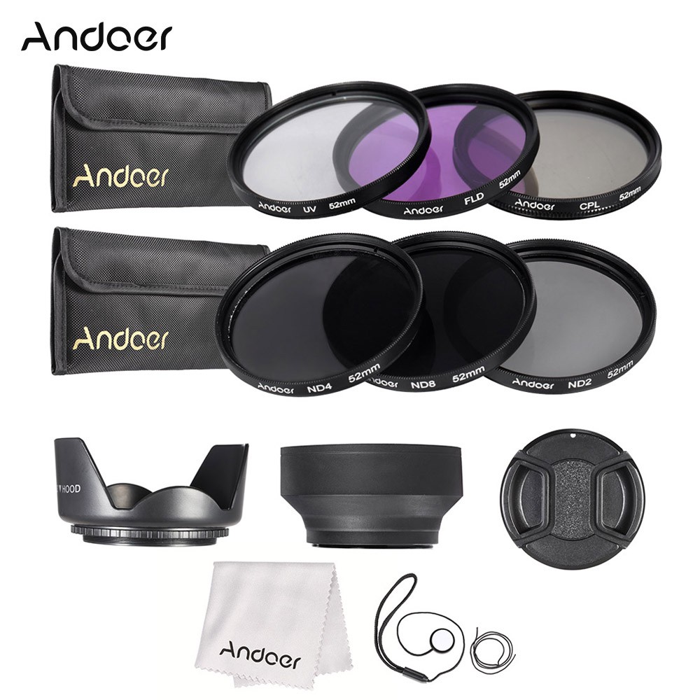 Andoer 52mm鏡頭濾光片套件UV+CPL+FLD+ND（ND2 ND4 ND8）UV鏡+偏光鏡+熒光鏡+灰度鏡