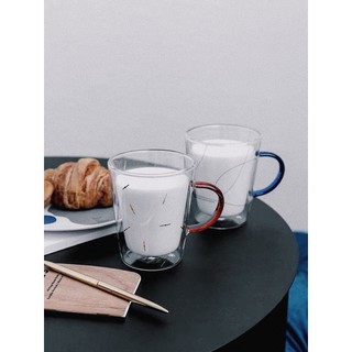 彩色手把雙層耐熱玻璃杯 咖啡杯 對杯 牛奶杯 兩色 藍/金