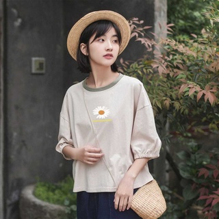 春夏季短袖t恤女學生韓版五分袖ins寬鬆百搭小雛菊印花中袖上衣服