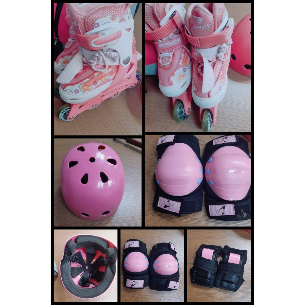 【免運專區】二手兒童直排輪套組(安全帽+護腕護膝護手肘+直排輪)-粉花朵