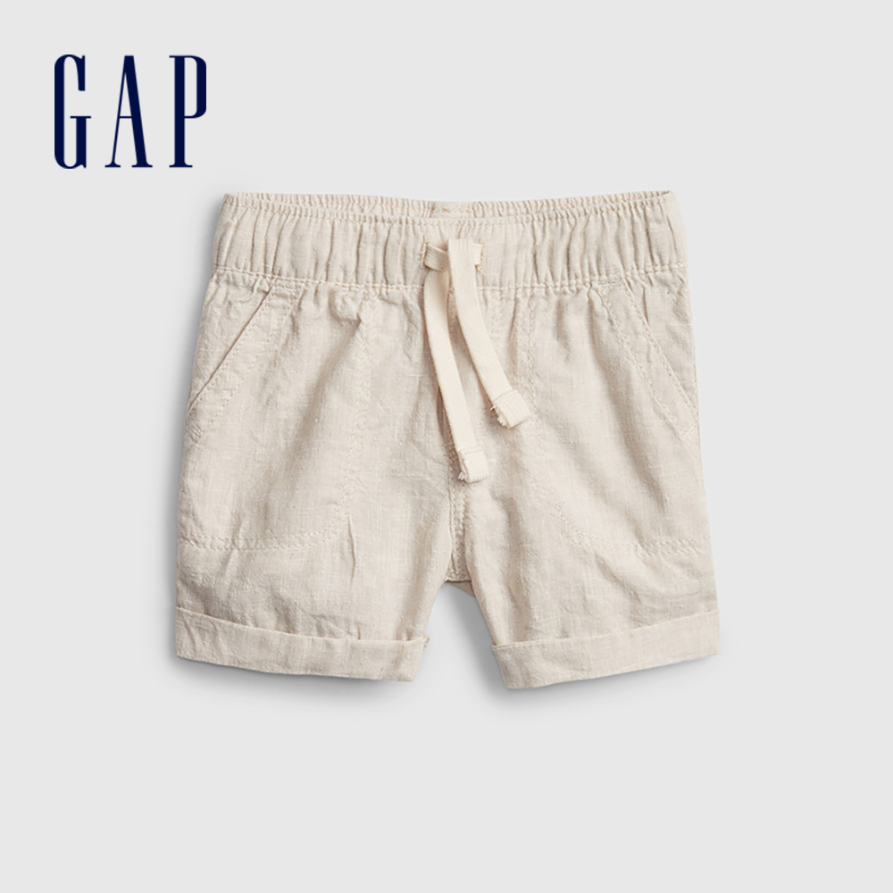 Gap 嬰兒裝 亞麻混紡透氣捲邊短褲-卡其色(859722)