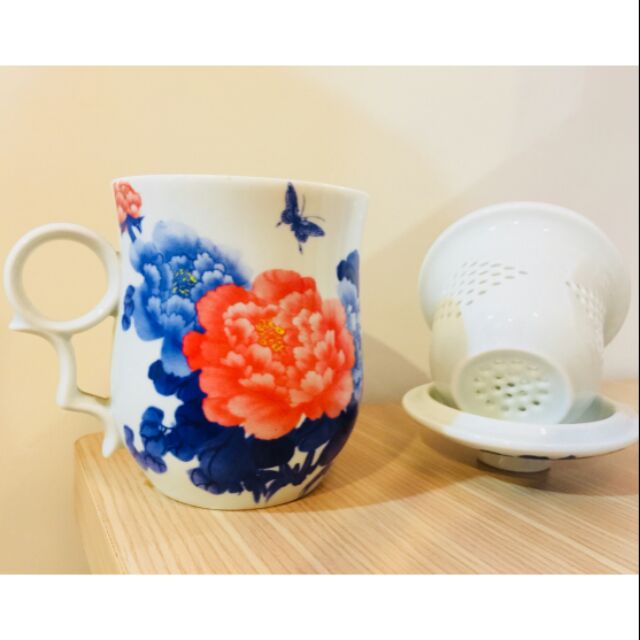 陶瓷濾杯茶具三件組（中國風牡丹花色陶瓷杯、馬克杯）