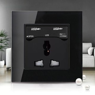黑色水晶玻璃13A萬能五孔面板開關插座 臺灣110v牆壁插座 USB充電面板插座 86型牆壁電燈插座 多功能電燈插座