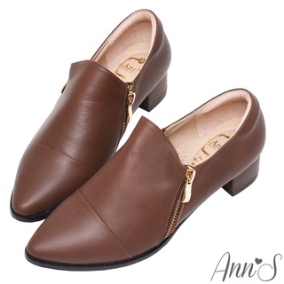 Ann’S復古風格2.0-雙拉鍊綿羊皮全真皮牛津便鞋3.5cm-咖