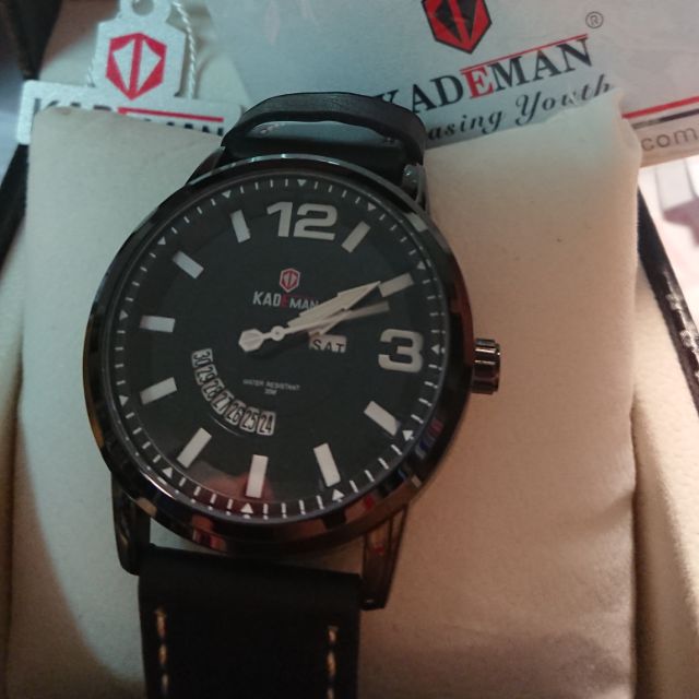 KADMAM 卡德曼 大數字 星期日期 黑真皮手錶 全新 附卡夢錶精美錶盒