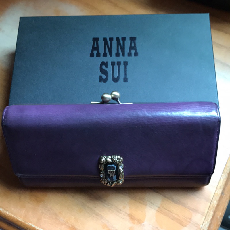 ANNA SUI 經典紫 多夾層 真牛皮 扣式 長夾