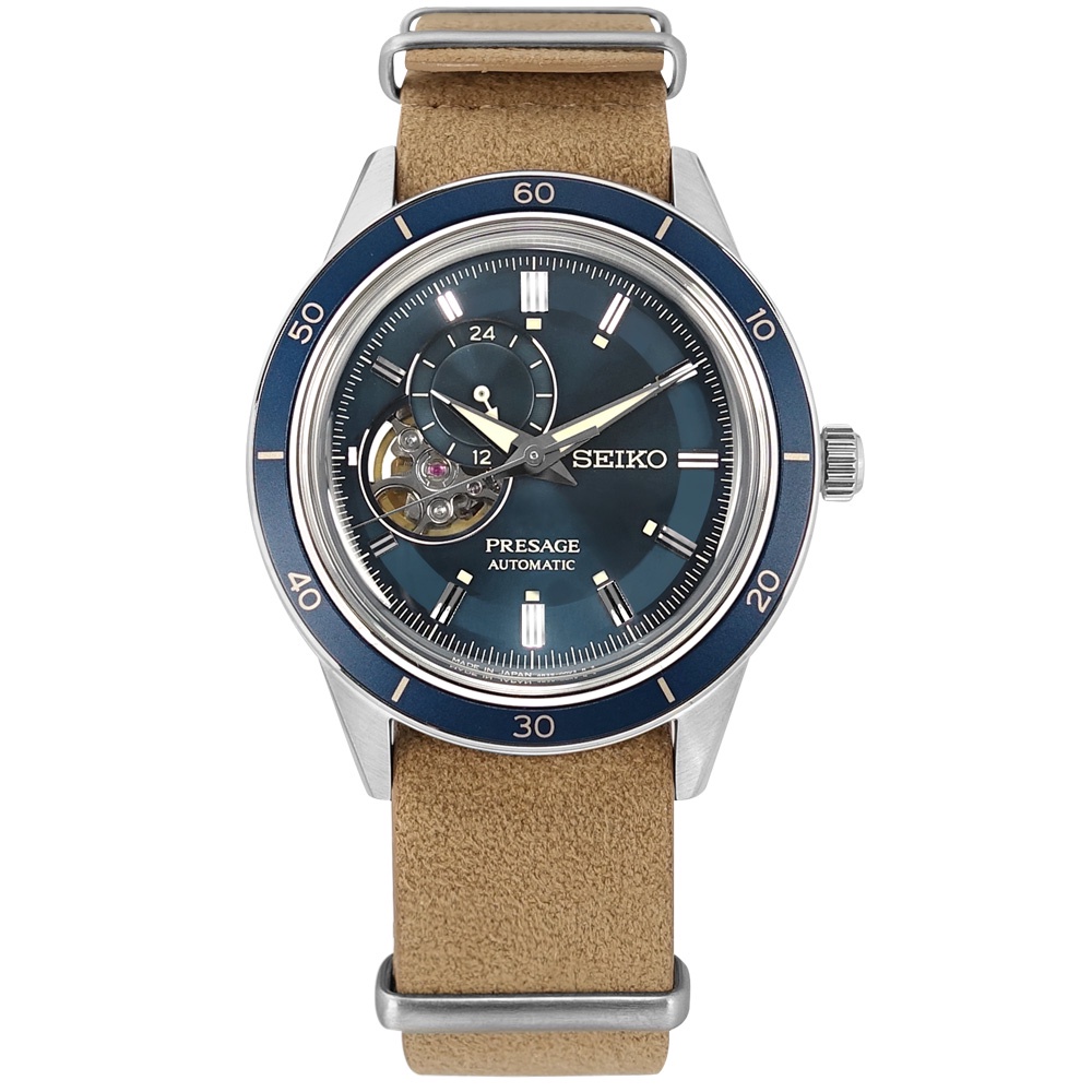 SEIKO 精工 / PRESAGE 鏤空 機械錶 合成皮革手錶 藍x銀框x棕 / 4R39-01A0B / 41mm
