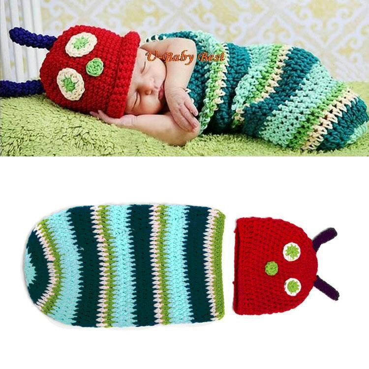 勾線針織毛毛蟲造型睡袋/小寶寶造型手工編織服/ 可愛寶寶手工嬰兒毛線帽+造型衣/彌月攝影專用/編織攝影道具