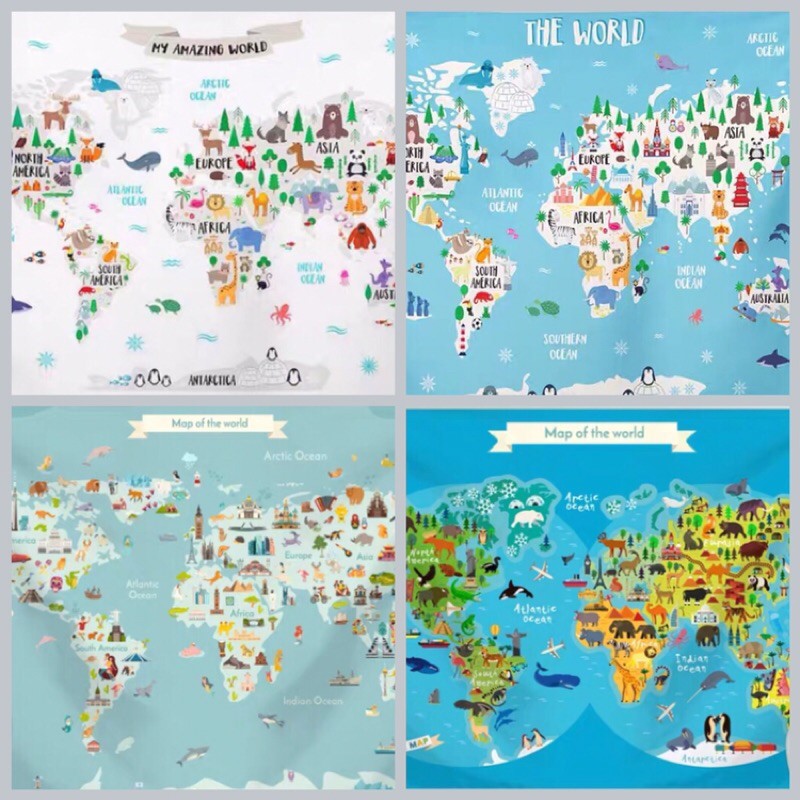 可愛動物世界地圖掛布 背景布 掛毯 裝飾 著名景點 露營 幼兒園