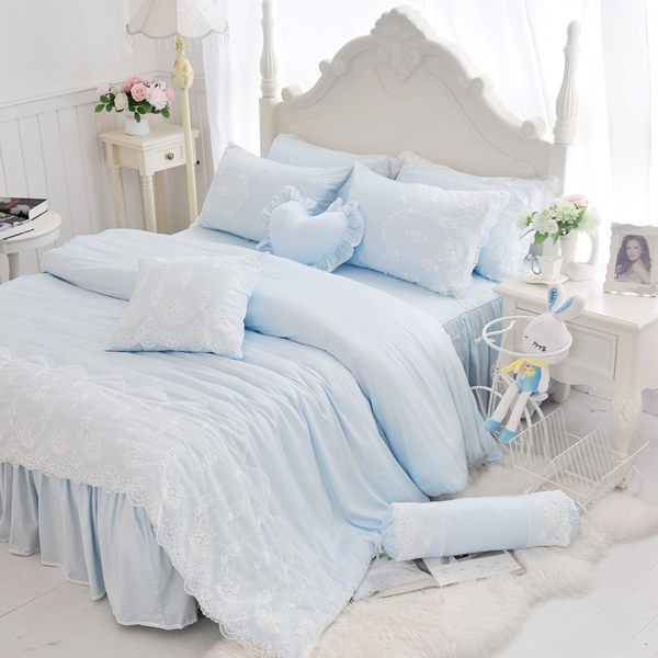 天絲床罩 標準雙人床罩 公主風床罩 綻放 藍色 蕾絲床罩 結婚床罩 床裙組 荷葉邊 佛你企業