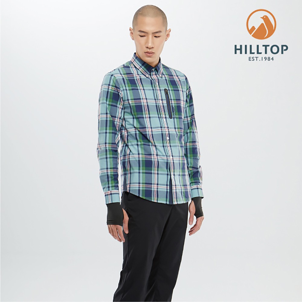 【Hilltop山頂鳥】男款吸濕快乾抗UV長袖襯衫 S05M66 淺綠底深藍格