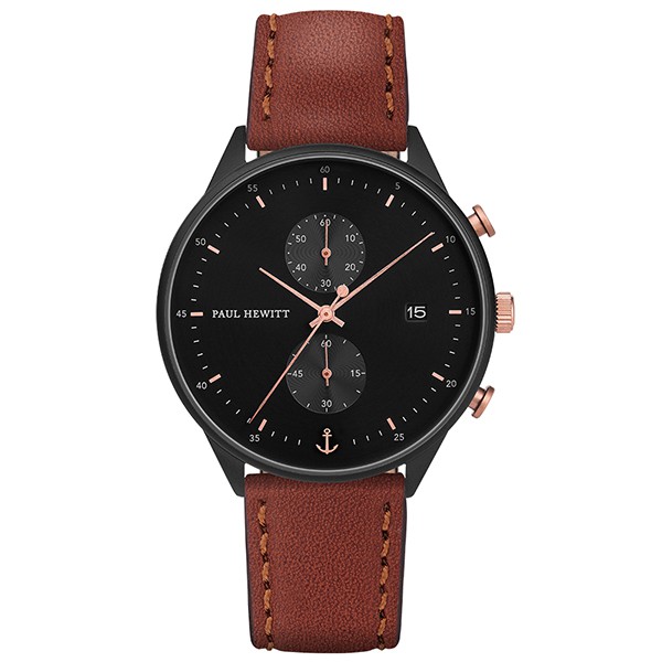PAUL HEWITT德國船錨造型設計師品牌手錶Chrono Line 計時碼錶-黑面玫瑰金針x黑框x咖啡真皮錶帶