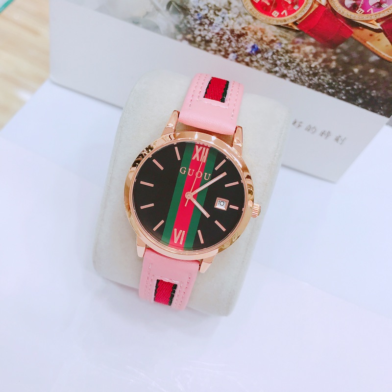 ✨ GUOU ✨ 香港品牌 古歐 時尚紅綠配色玫瑰金錶 防水 保固 8082GB